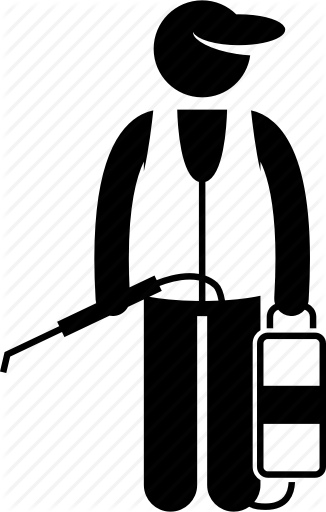Icon of a pest control worker holding a sprayer and canister.